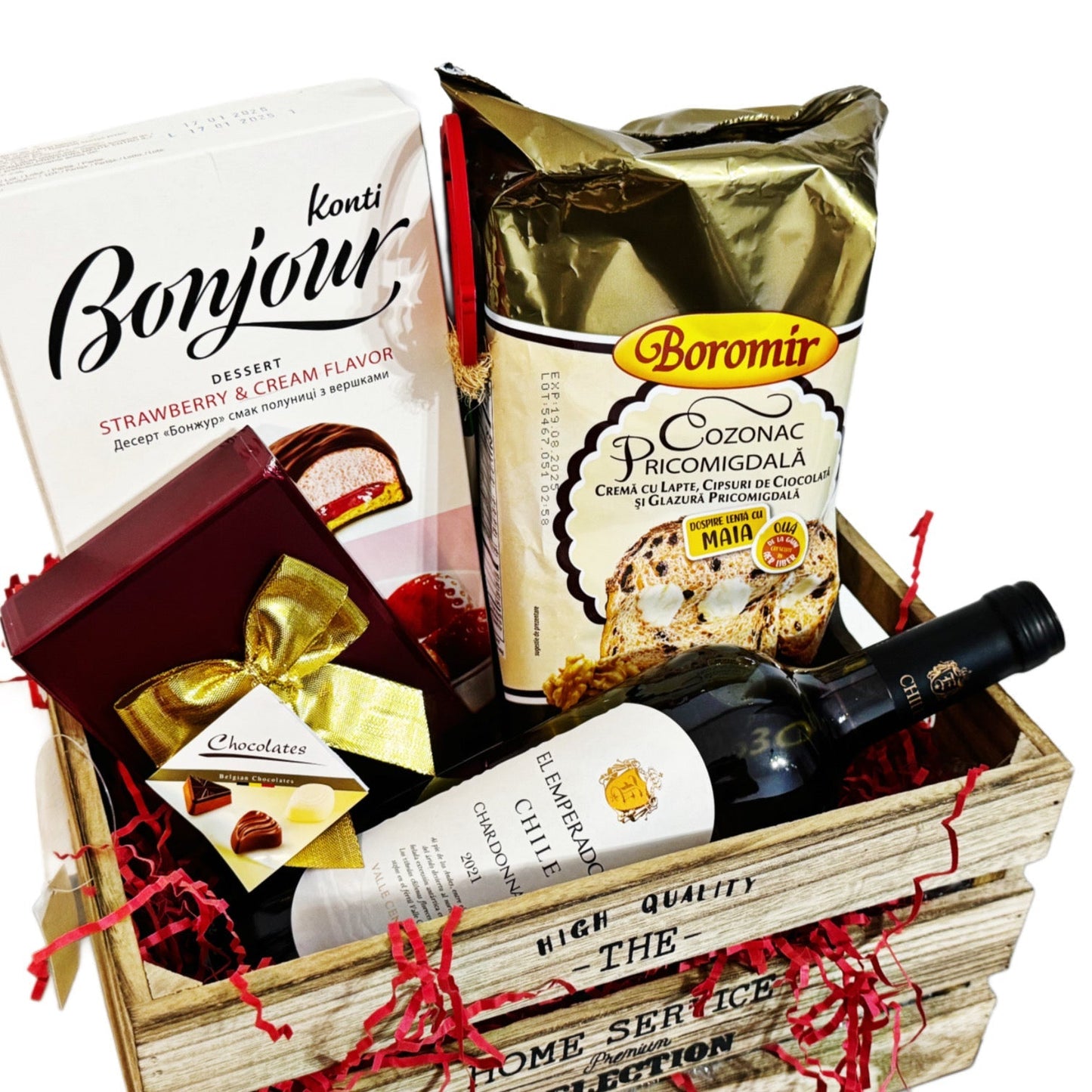 Coș Cadou de Paște - Delicii Gourmet cu Cozonac, Vin Chardonnay și Praline Belgiene