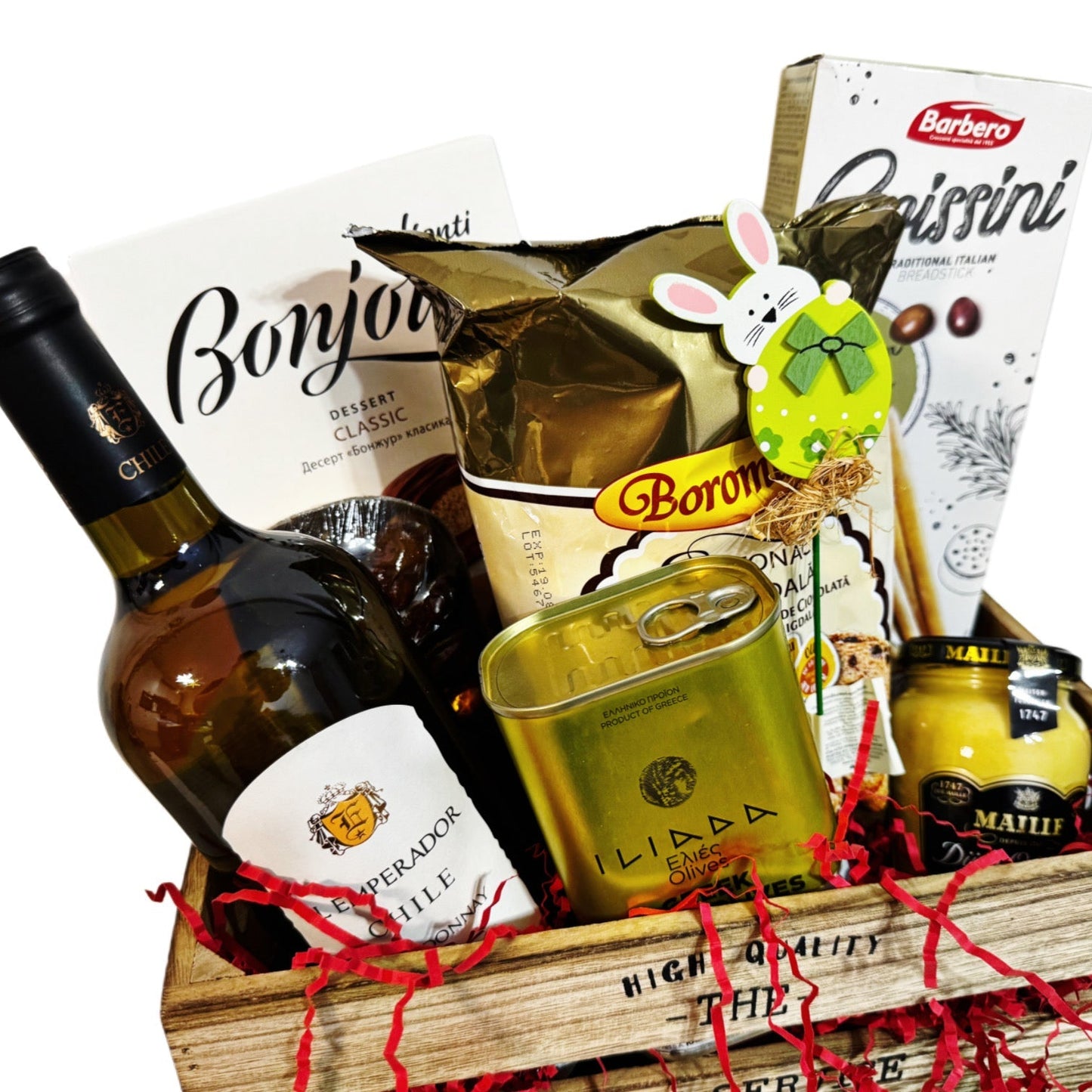 Coș Cadou Paște Fericit - Delicii Gourmet cu Cozonac, Vin Chardonnay și Praline Belgiene