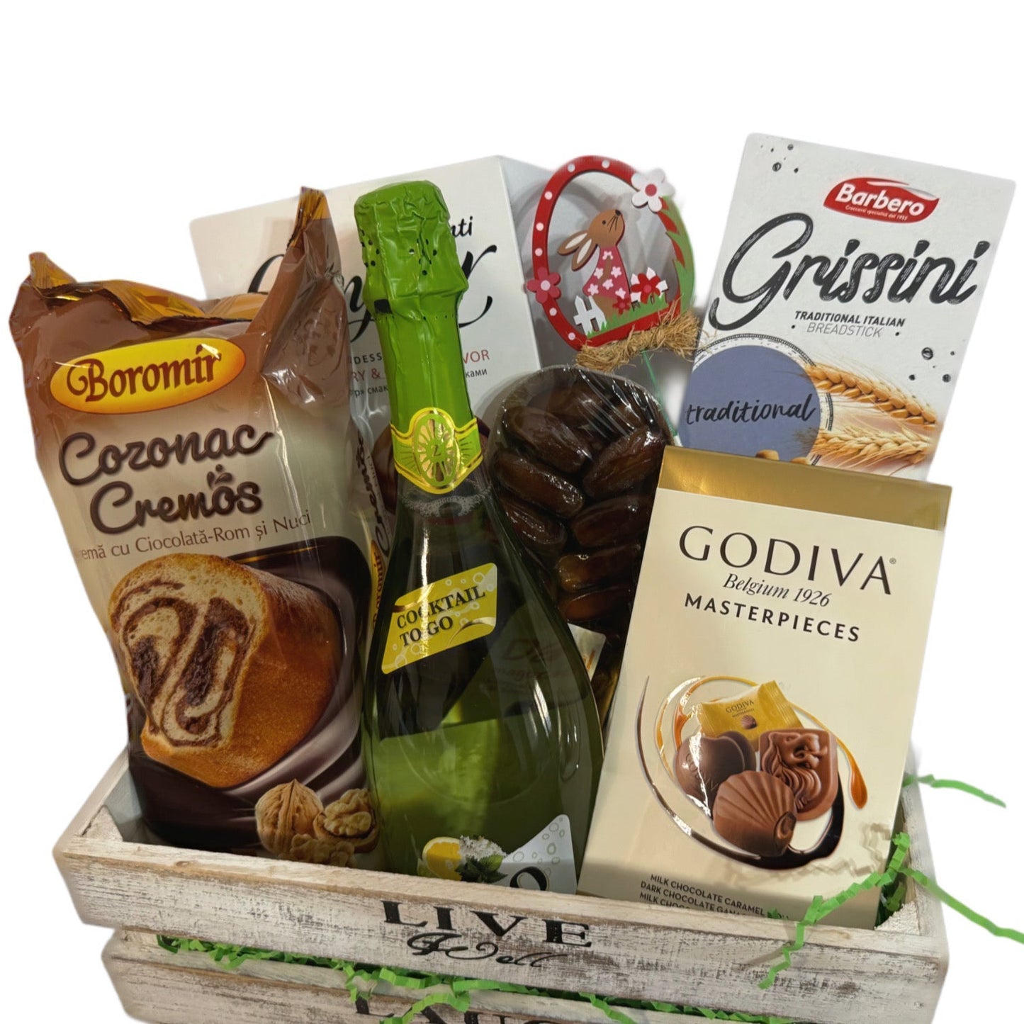 Coș Cadou Familie - Delicii de Paște cu Cozonac, Ciocolată și Cocktail Hugo