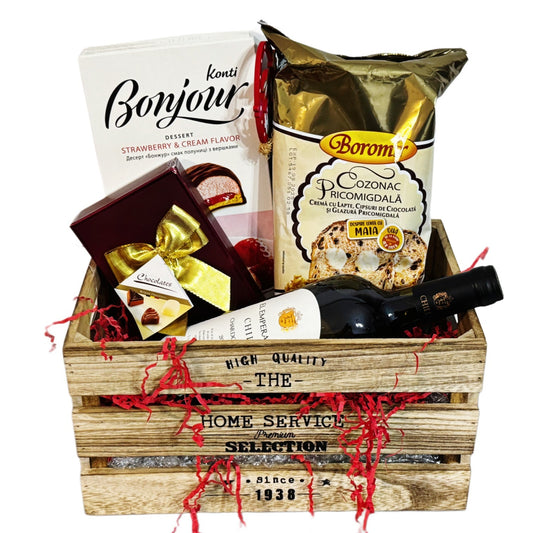 Coș Cadou de Paște - Delicii Gourmet cu Cozonac, Vin Chardonnay și Praline Belgiene