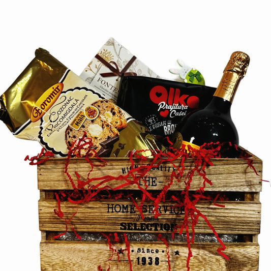 Cos Cadou cu Cozonac Boromir Pricomigdala, Vin Cuvee de Purcari, Praline Fontessa și Brownie Alka - Cadou de Paște Perfect